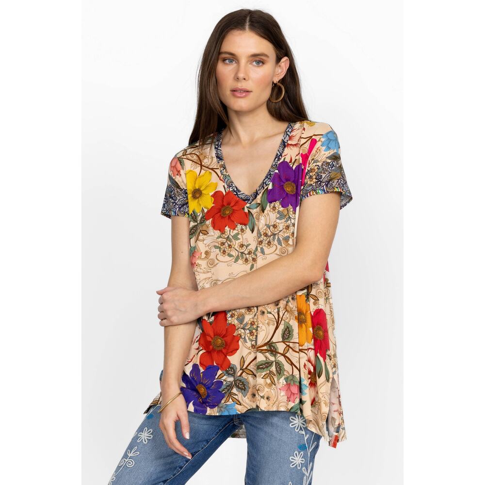 Johnny Was M Medium Archibal Drape Tee Handkerchief Hem Floral V-Neck Multi